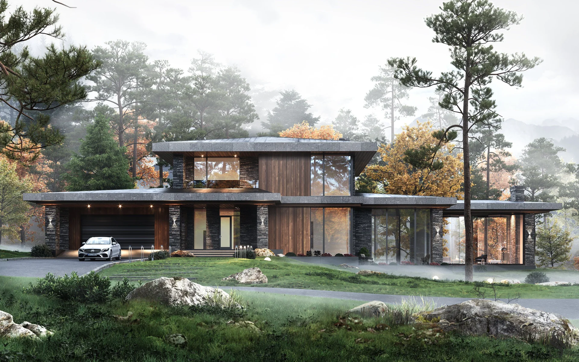 Luxury country house project by Studia 54 in Wright style