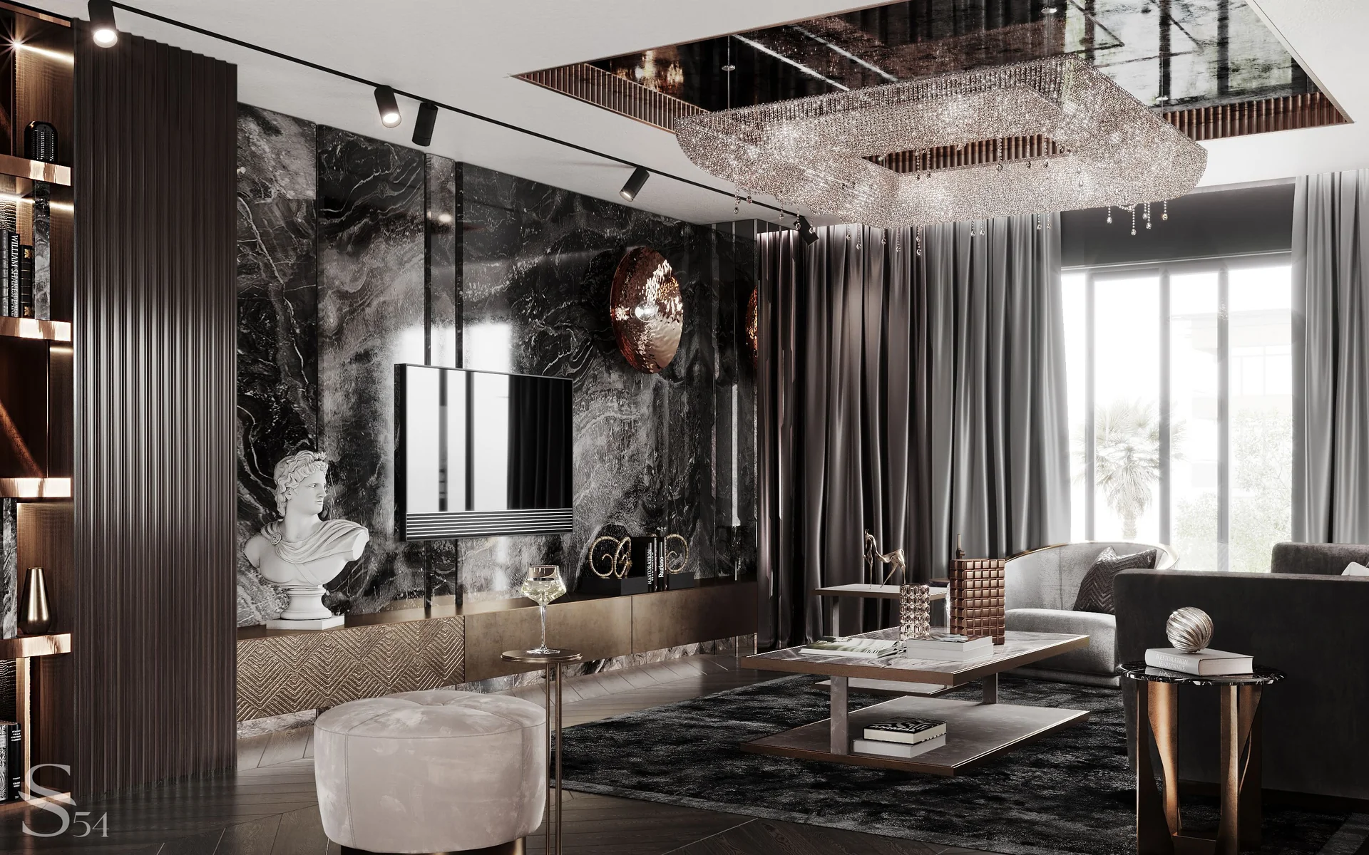 The unique Arabescato Orobiko Nero marble adorns the living room