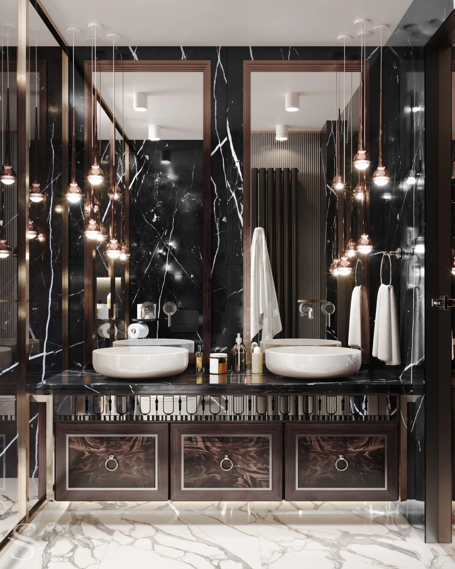 An unusual marble pattern adorns the master bathroom
