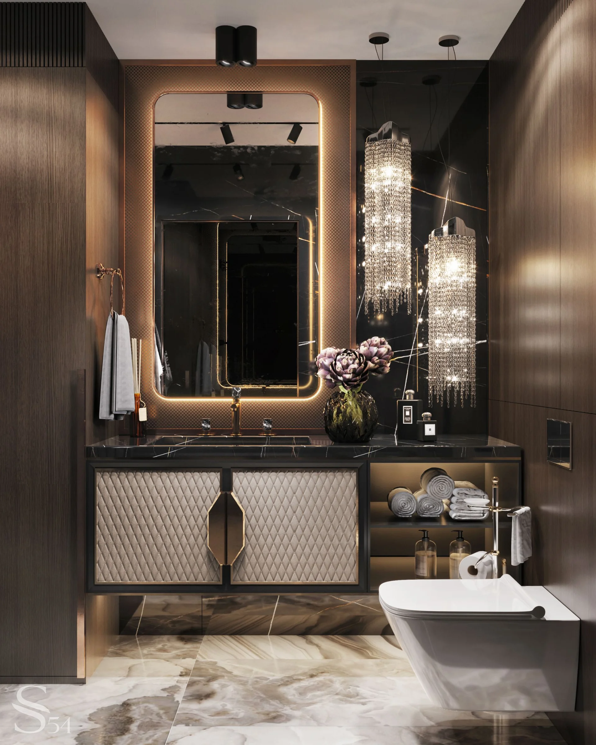 Sparkling chandeliers by Brand van Egmond illuminate the guest restroom