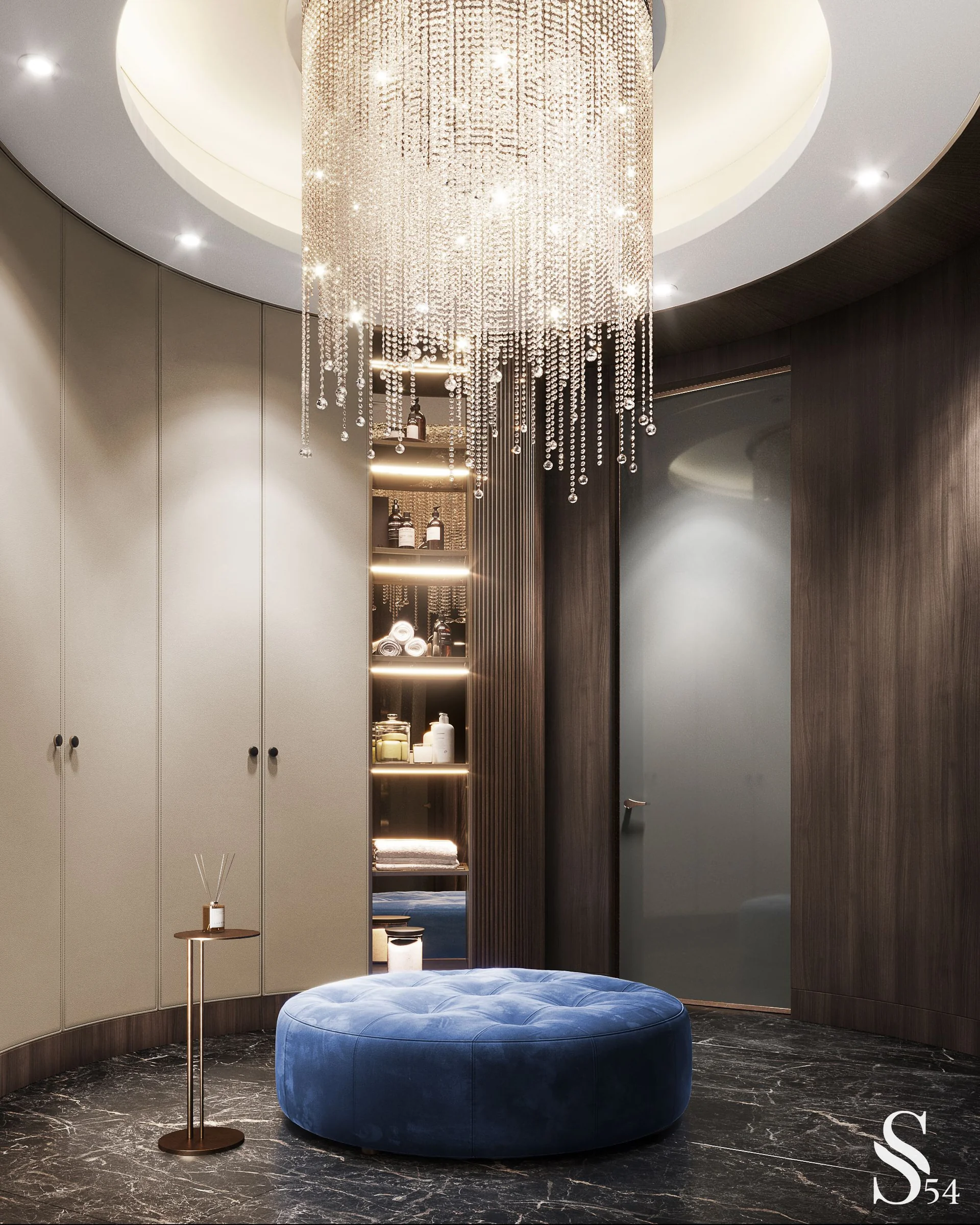 A large chandelier in the interior of the hall dressing room