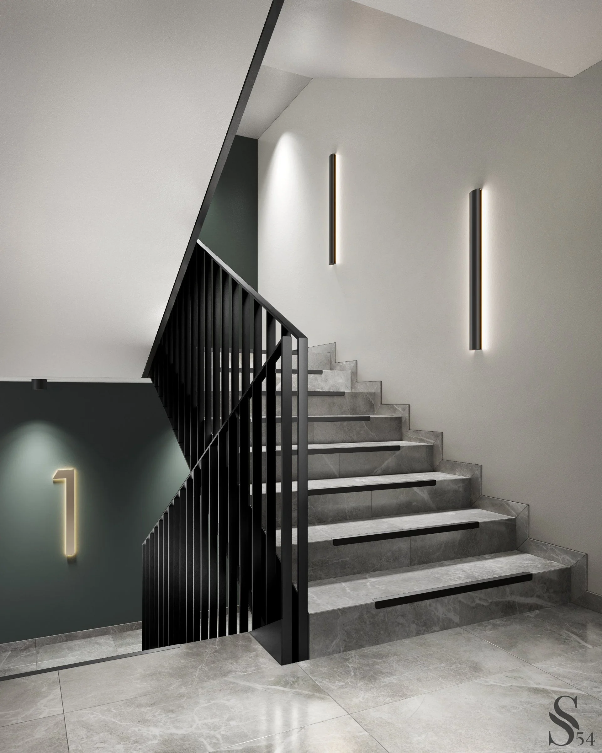 The stairwells are finished with gray porcelain stoneware. Painted walls in the shade of viridan The stairwells are finished with gray porcelain stoneware. Painted walls in the shade of viridan