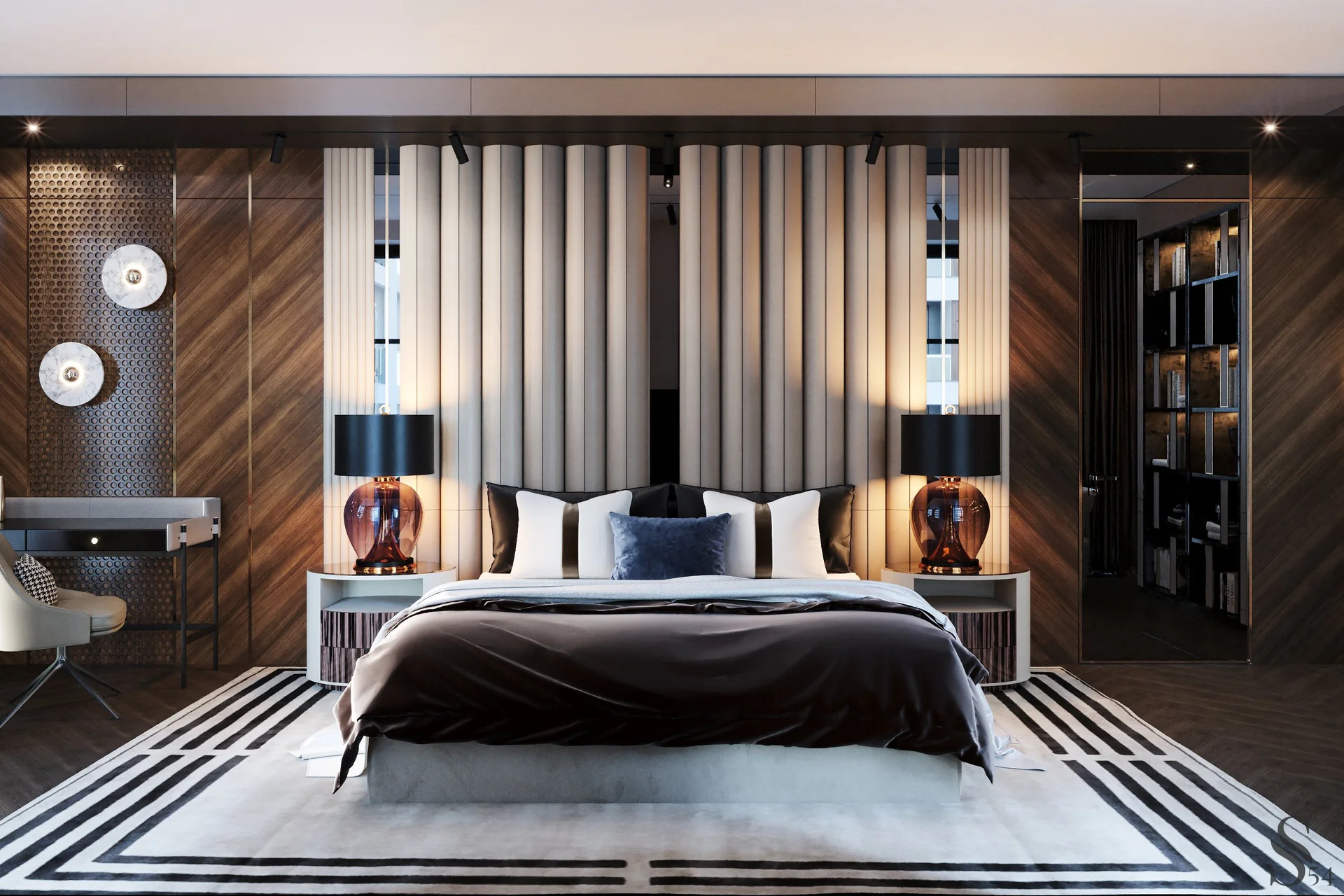 Кожаные панели над кроватью выглядят как дополнение к изголовью Кожаные панели над кроватью выглядят как дополнение к изголовью