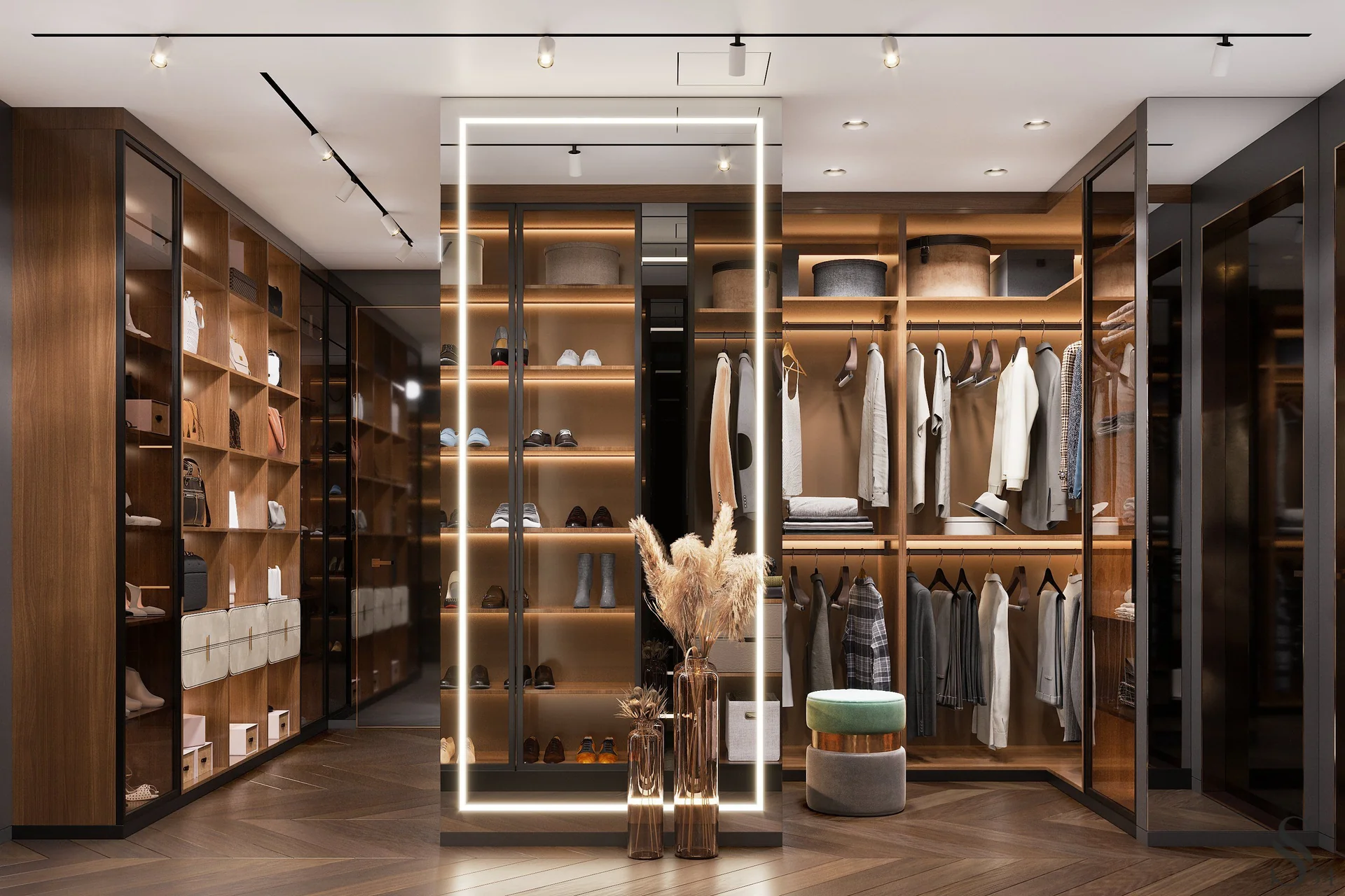 Зеркало с подсветкой в мастер-гардеробной Зеркало с подсветкой в мастер-гардеробной