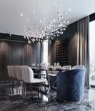 Blue color and a crystal chandelier add water motifs to the interior Blue color and a crystal chandelier add water motifs to the interior