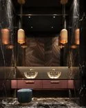 Sinks made of solid faceted glass, Minotti poufs