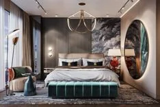 Poltrona Frau bed, Longhi bedside tables, Alex Allen Studio chandelier